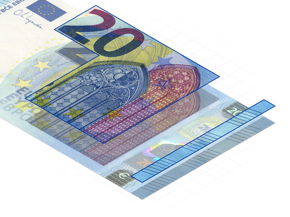 Particolare di una banconota da €20 in cui sono posti in evidenza gli elementi del disegno in rilievo: cifra indicante il valore, immagine principale evocante uno stile architettonico distintivo e segni percepibili al tatto.